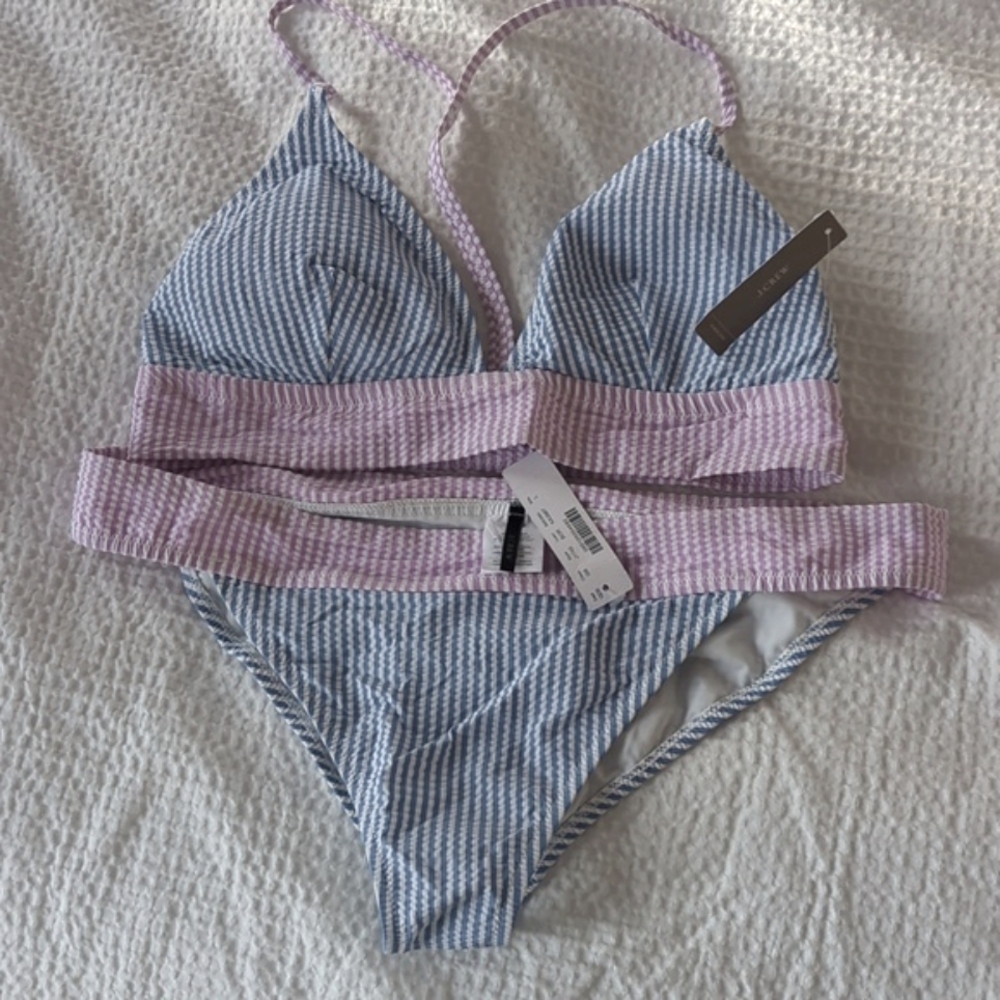 J Crew Bikini Seersucker M Top & L Bottom T-strap back